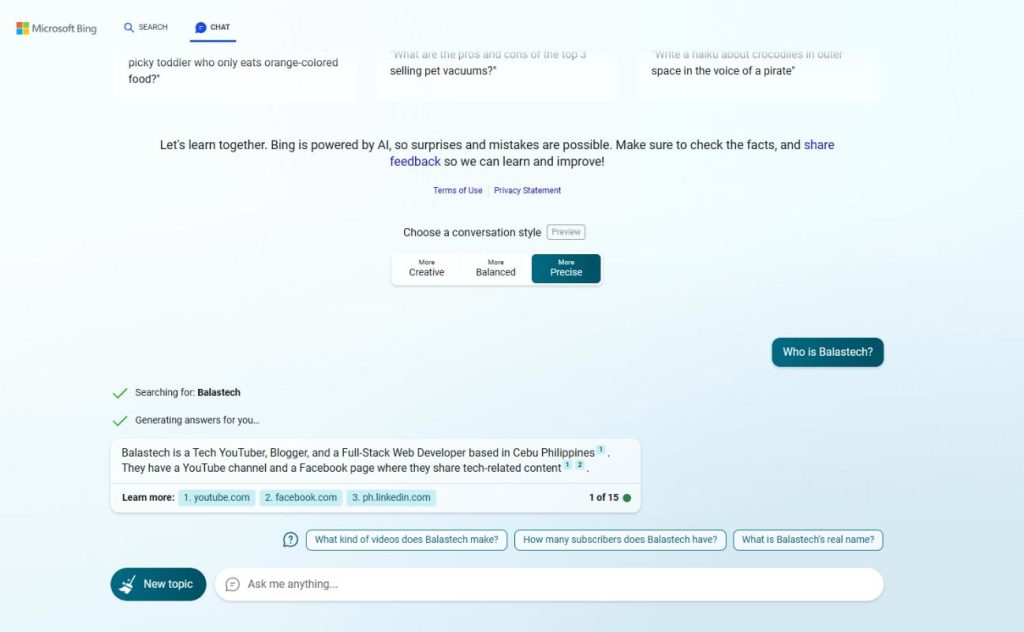 Bing sample questions
