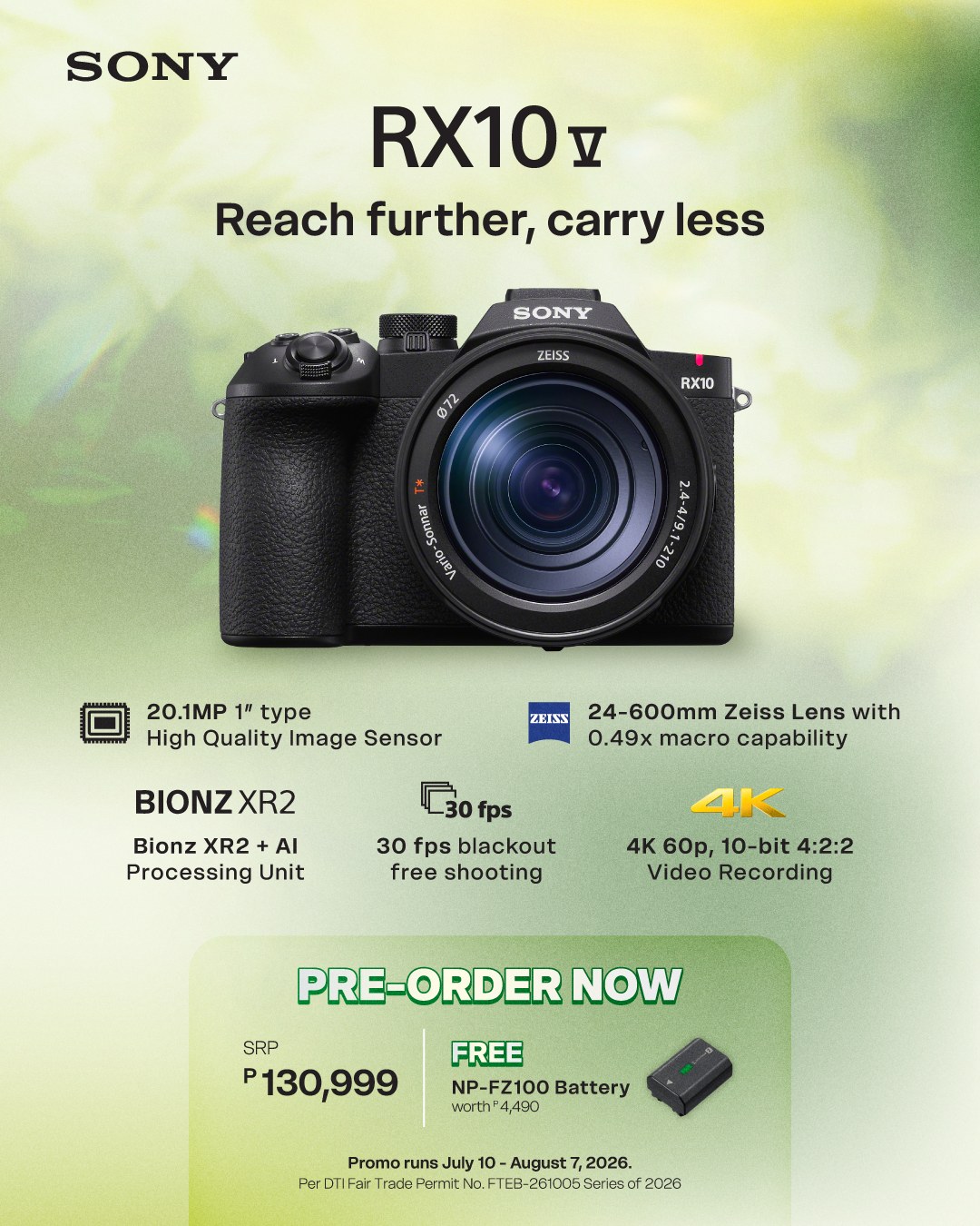Sony RX10 V Arrives in the Philippines: 25x Zoom, AI Autofocus, Priced at ₱130,999 3 - balastech Sony RX10 V Philippines pre-order promo, P130,999 SRP with free NP-FZ100 battery